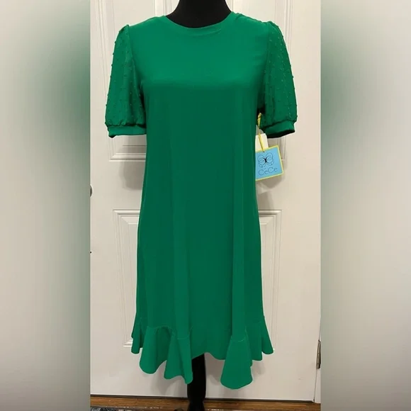green emerald velvet dress CeCe Ruffle Neck Godet Dress Lush Green 2 at Amazon Women's Clothing store main image 1